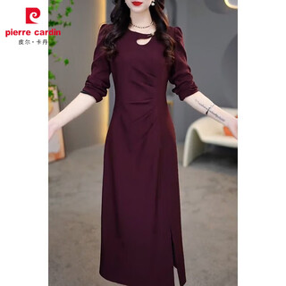 Pierre cardin slit long-sleeved dress for women 2025 autumn new fashion niche design pleated slimming solid color mid-length skirt burgundy 0009 2xl recommended 126--135jin jin is equal to 0.5 kg