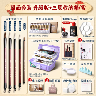 Marley chinese painting pigments beginner set tools full set of ink painting materials for primary school students meticulously painted chinese painting introductory brush purple box upgrade 18 pieces 24 colors 12ml