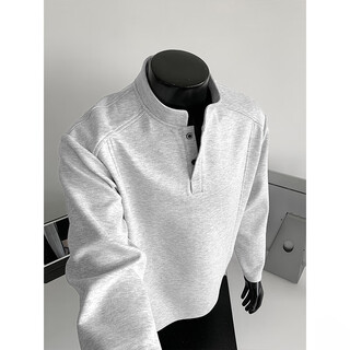 Introducing henry collar, right shoulder, composite heavyweight long-sleeved t-shirt for men, autumn loose large size casual bottoming shirt, boys' clothes, white gray 4xl