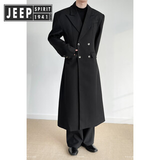 Jeep spirit jeep rinve black silhouette shoulder pad suit jacket men's over-the-knee long waisted hourglass-shaped suit windbreaker black xl