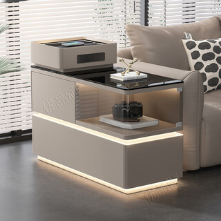 Jingliu sofa smart side cabinet solid wood modern simple wireless charging with light socket glass installation-free 2025 side table khaki color facing the left side of the sofa 40cm wide depth 90cm height 68cm installation-free