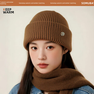Somubay (somubay) brown woolen hat women's winter warm cold hat ear protection knitted hat 2025 new autumn and winter coldproof baotou hat coffee color one size