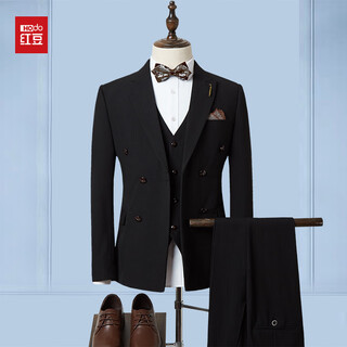 Red bean suit men's striped business formal suit korean style trendy slim handsome groom wedding three-piece suit black s