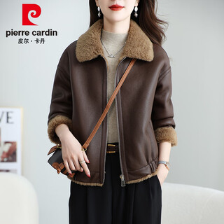 Pierre cardin light luxury pure wool fur all-in-one jacket women's jacket lamb fur new large size grained cashmere sheep shear coffee color s 80-115jin jin is equal to about 0.5 kg