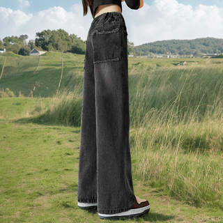 Yishion girls jeans autumn 2025 new children's black pants autumn clothes girls big children straight leg wide leg pants junior high school students black spot quick delivery 120 cm