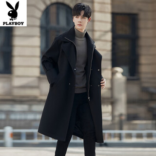 Playboy (playboy) mid-length woolen coat men's spring and autumn style handsome woolen coat british style fake two-piece knee-length windbreaker black m