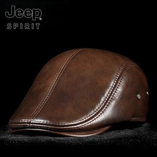 Jeep spirit hat men's autumn and winter fashion genuine leather warm peaked cap middle-aged and elderly ear protection cowhide cotton hat beret forward cap first layer cowhide yellow brown with thick ear protection m xxl (60-61c)