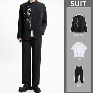 Mr. lu's new chinese style men's dress for engagement irregular suit suit chinese style stand collar golden bamboo embroidery mao suit black (suit/t01 white t/trousers) xl
