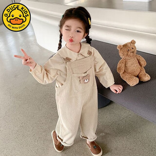 G.duck小黄鸭女童裤子早春款卡通小熊背带裤春秋季新款儿童宝宝宽松可爱 米白色 单件背带裤 110 cm