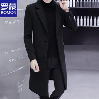Romon high-end windbreaker men's mid-length autumn and winter handsome woolen coat plus velvet thickened cashmere woolen coat new style 6107 black to above the knee thin section m 165 recommended 80-100jin jin is equal to 0.5 kg