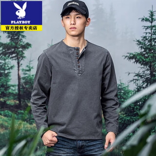 Playboy (playboy) henley collar washed distressed long sleeve t-shirt men's american retro henley shirt 300g heavy cotton bottoming shirt dark gray s