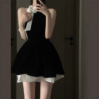 Ershanji french style gold style black dress for women summer new princess cake dress sleeveless halterneck dress black sleeveless halterneck dress s size