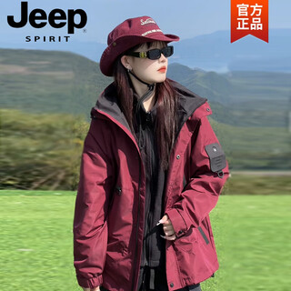 Jeep spirit jacket men's spring, autumn and winter new korean couple's removable velvet cotton workwear three-in-one men's and women's jackets burgundy three-in-one removable liner m (105-120jin jin equals 0.5kg)
