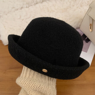 Ningyue jingyou french retro turned-brimmed woolen fisherman hat, female style, ladylike style, elegant big head circumference, face-showing small gift hat, black m (56-58cm)