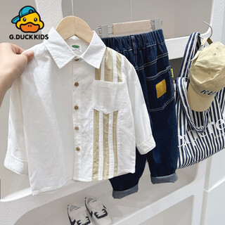 G.duck little yellow duck boys' shirt pure cotton 2024 spring new style children's lapel long-sleeved shirt color matching casual upper cy3099a white ready stock 100 cm