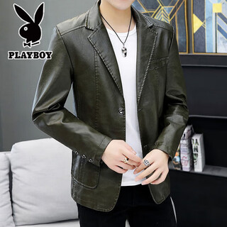 花花公子（PLAYBOY）西装皮衣男春秋季韩版潮流男装外套大码帅气海宁仿真皮衣服 SL 937墨绿春秋不加绒 XL 130一145斤