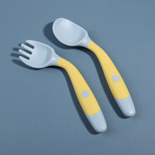 Deluxe twisted spoon baby learning to eat training spoon and fork bendable baby elbow fork and spoon practice chopsticks baby meal locke yellow flexible spoon + fork