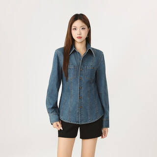 Amass amass autumn new open-stitch design american retro denim shirt waist lantern sleeve cardigan for women 530132 blue m