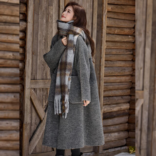 Bailuyu lapel big pocket woolen coat 25 winter new wool blended long double-sided woolen coat for women floral gray s