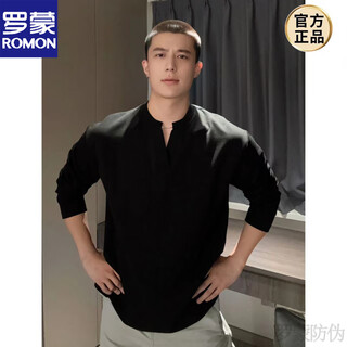 Romon black henry collar long-sleeved t-shirt men's spring and autumn heavy stiff sweatshirt design v-neck bottoming shirt new black 2xl