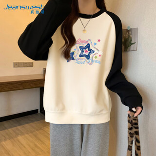 Jeanswest contrast color sweater women's raglan round neck spring and autumn style loose, slim and versatile american retro style long sleeve top for women