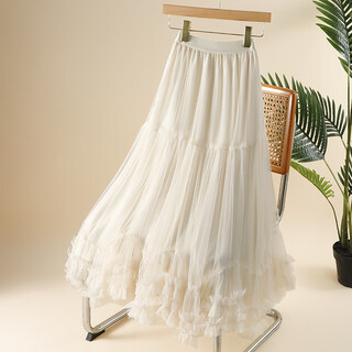 Skirt irregular mesh fungus cake skirt 2025 winter new style high waist covering hip a-line long skirt apricot one size 80-150jin jin is equal to 0.5 kg