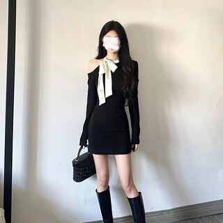 Guiqi knitted dress women's autumn and winter 2025 new long-sleeved french slim temperament off-shoulder hip a-line short skirt black l (recommended 100-115 jin jin equals 0.5 kg)