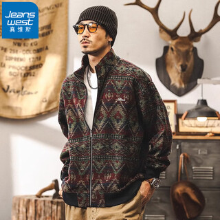 Jeanswest 560g heavyweight ethnic style cardigan jacket men's autumn and winter thickened large size retro jacquard knitted cardigan sweater red 560g heavyweight xl suitable for 145-160jin jin equals 0.5 kg