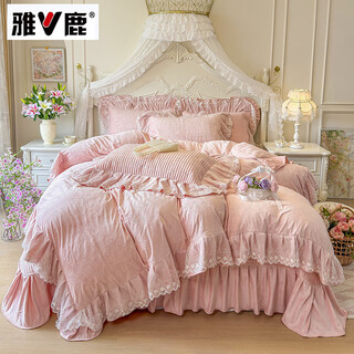 Yalu korean lace baby velvet bed skirt four-piece set winter double-sided milk velvet warm sheets chanel garden-pink jade bed cover 1.5m four-piece set