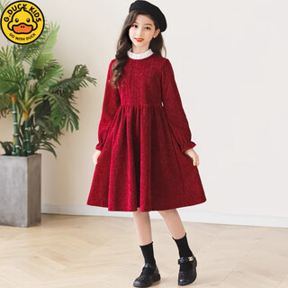 G.duck girls' dress, autumn and winter style children's princess dress, middle-aged and little girl's new year's greeting dress, red 140 cm, recommended height 130-135cm, 9-10 years old