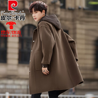 Pierre cardin double-sided woolen coat men's mid-length 2025 new design winter thick velvet windbreaker jacket pine brown green (removable hat) xl (155-180jin jin equals 0.5kg)