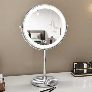 Large led makeup mirror that can be raised and lowered, telescopic double-sided mirror with light, desktop magnifying mirror, height-adjustable 9 inches_silver_straight pole_5x magnification