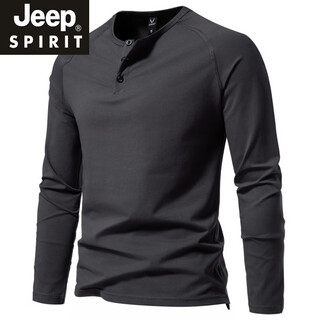 Jeep spirit autumn men's pure cotton henry collar long-sleeved t-shirt youth european and american simple elastic slim solid color versatile bottoming shirt dark gray xl