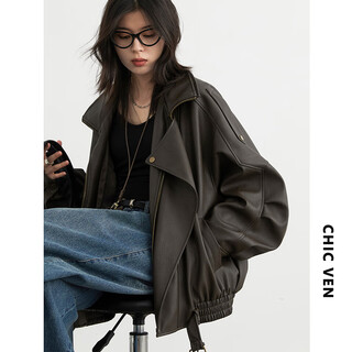 Chic ven2025 autumn new heavy industry retro stand collar motorcycle leather jacket women's pu jacket top women's chicven retro brown m