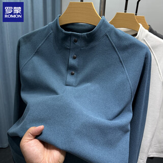 Romon henry collar velvet bottoming shirt for men, long-sleeved, warm in autumn and winter, with a brushed t-shirt for men, casual solid color sweatshirt, fog blue m 165