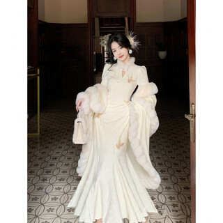 Jane deiune white feather exquisite 2025 autumn and winter new style new chinese dress temperament national style fishtail cheongsam single-piece cheongsam dress m