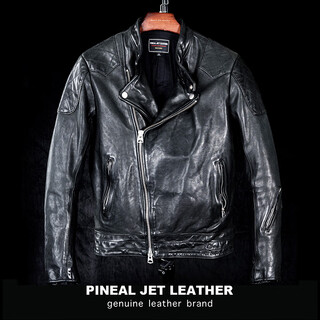 PJL新款男机车小贝男款日系复古皮衣皮夹克经典牛皮斜拉小贝 黑色 XS (115斤以下)