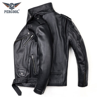 Percool new genuine leather jacket men's first layer cowhide motorcycle leather jacket motorcycle riding suit slim short leather jacket black (first layer cowhide)