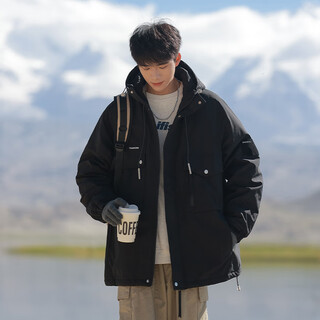 Geslandi functional workwear cotton coat men's winter thickened warm jacket cotton coat 2025 new youth hooded winter coat black xl (recommended 120-140jin jin equals 0.5 kg)