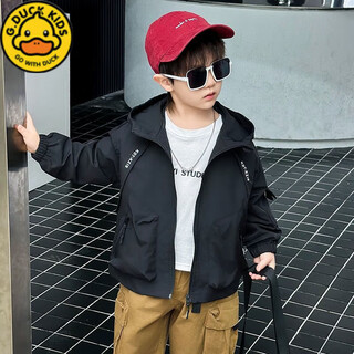 G.duckkids boys spring and autumn jacket 2025 new baby waterproof versatile printed jacket fashionable children's hooded jacket black spring and autumn jacket 110 recommended height 105 cm