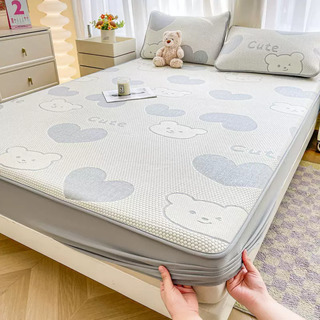 Yusenyi summer ice beans cool feeling ice silk sheets and fitted sheets 2025 new summer bedspread full-inclusive mattress protection bingquan sheets big love bear gray ask 180x200cm fitted sheets-pillowcases pair