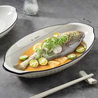 Pupan double-ear ceramic fish plate home 2024 new steamed fish special plate feel large fish basin fish bowl fish plate black line xuanyue 12-inch double-ear fish plate