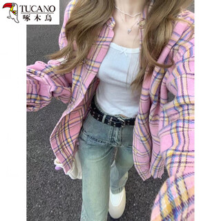 Woodpecker blue thickened brushed plaid shirt for women layered loose casual versatile long-sleeved shirt with cardigan 189# pink high quality brushed thickened style l