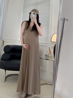 Her and other maternity clothes, linear style, korean style loose maternity suspender skirt + striped shirt spring and autumn two-piece suit, milky brown dress, single piece l