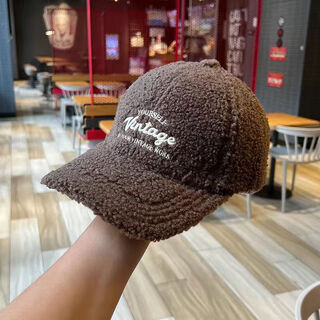 Sakount lamb wool baseball cap women's 2025 new autumn and winter fashionable warm thickened peaked cap showing face small plush hat brown one size