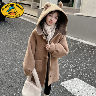 G.duckkids girls' woolen coat winter 2025 new style korean style children's thickened medium-length woolen coat for big girls brown color 150cm