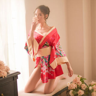 Sexy lingerie kimono suit pajamas uniform clothes women's nightgown red boutique kimono thong belt one size