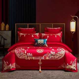 Yusenyi high-end wedding multi-piece set with dragon and phoenix embroidery flowers, 100% cotton wedding four-piece dowry red quilt bed for children and grandchildren 4-suitable for 1.51.8m bed recommended to match 200x23