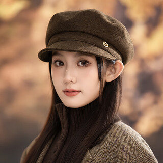 Jimmy leaf autumn and winter hat women's versatile british style fashion beret windproof and warm painter korean style fashion octagonal hat coffee one size fits all head circumference 55-58cm