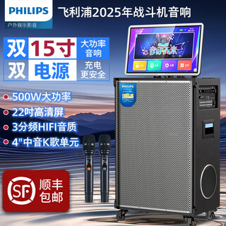 Philips (philips) 15-inch super bass outdoor audio large screen with sound card all-in-one ktv karaoke machine trolley speaker dual power supply/bluetooth display lyrics 4 microphones